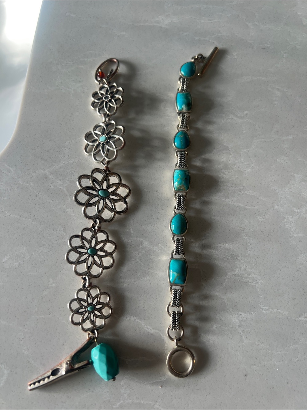Two Turquoise sterling Silver Floral Bracelets -